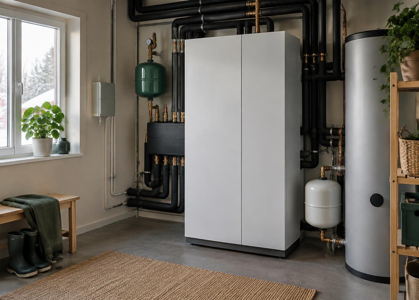 Välordnad installation av bergvärmepump i ett teknikrum